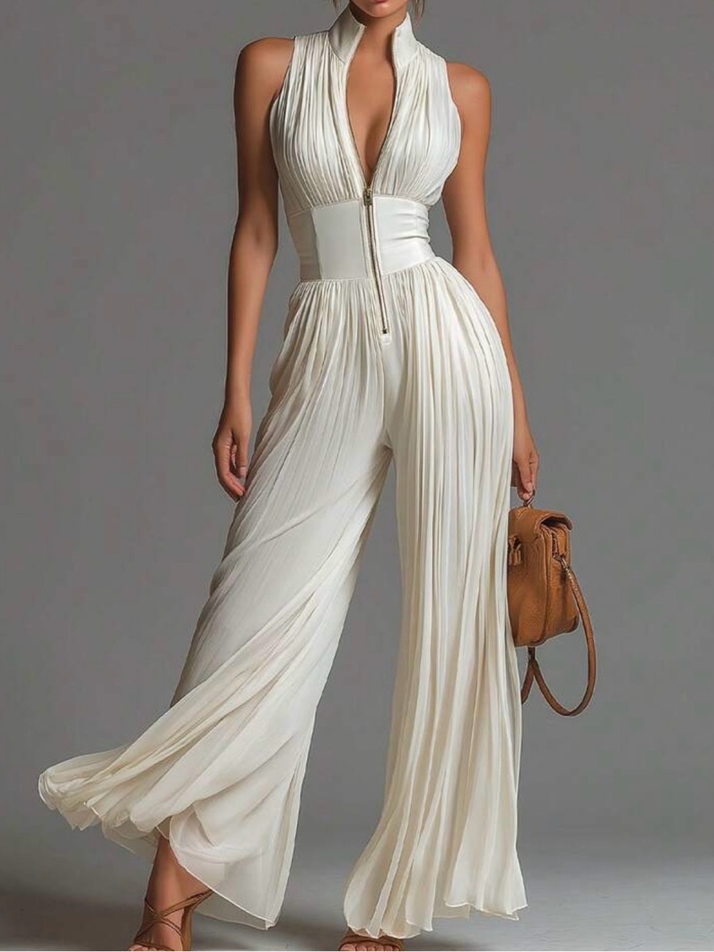 Sleeveless Pleated Cream Jumpsuit with Zip Front